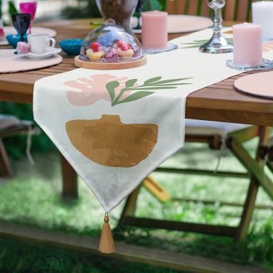 Realhomes Pastel Renkli Zemin Üzerinde Onedraw Çizimli Dijital Baskılı Özel Tasarım Püsküllü Şönil Üçgen Runner