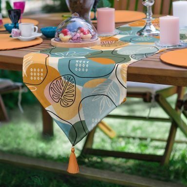 Realhomes Renkli Zemin Üzerinde Onedraw Çizimli Yaprak Desenli Dijital Baskılı Özel Tasarım Püsküllü Şönil Üçgen Runner