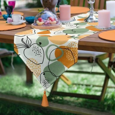 Realhomes Renkli Zemin Üzerinde Onedraw Çizimki Meyva Desenli Dijital Baskılı Özel Tasarım Püsküllü Şönil Üçgen Runner