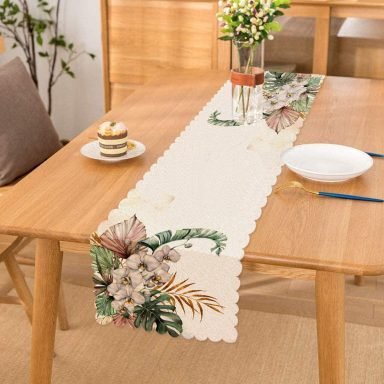 Tropik Yaprak Motifli Dijital Baskılı Dekoratif Runner