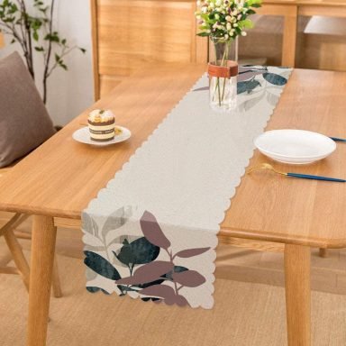 Özel Tasarım Yaprak Motifli Dijital Baskılı Dekoratif Runner