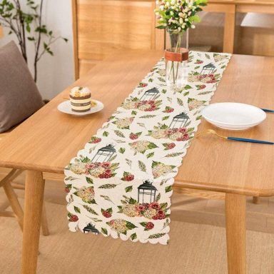 Çiçek Çizimli Dijital Baskılı Dekoratif Runner