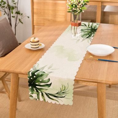 Yeşil Tropik Yaprak Motifli Dijital Baskılı Modern Runner