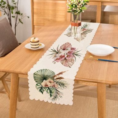 Tropik Yaprak Tasarımlı Dijital Baskılı Dekoratif Runner