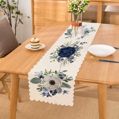 Pastel Mavi Gül Desenli Dijital Baskılı Dekoratif Runner