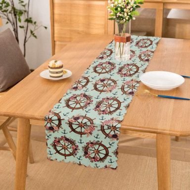 Mint Yeşili Zeminli Dümen Tasarımlı Dijital Baskılı Dekoratif Runner
