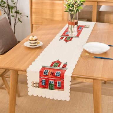 Minyatür Kırmızı Ev Çizimli Dijital Baskılı Dekoratif Runner