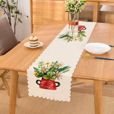 Pastel Renkli Çiçek Tasarımlı Dijital Baskılı Dekoratif Runner
