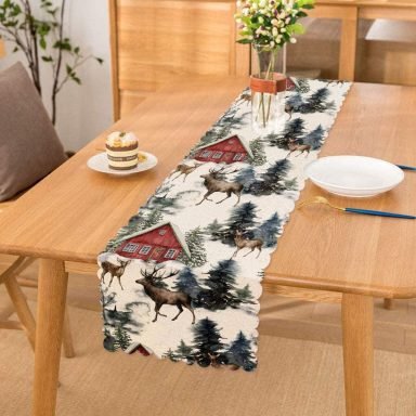 Kar Zeminli Geyik & Çam Ağacı Tasarımlı Dijital Baskılı Dekoratif Runner