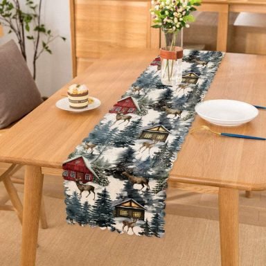 Bağ Evi Tasarımlı Kış Temalı Dijital Baskılı Dekoratif Runner