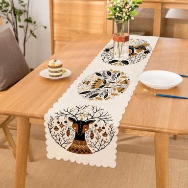 Çini Çizimli Guguklu Saat Motifli Dijital Baskılı Dekoratif Runner