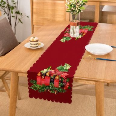 Bordo Zemin Çam Yapraklı Mum Tasarımlı Dijital Baskılı Dekoratif Runner