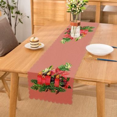 Pembe Zemin Çam Yapraklı Mum Tasarımlı Dijital Baskılı Modern Runner