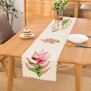 Egzotik Yaprak Tasarımlı Dijital Baskılı Dekoratif Runner