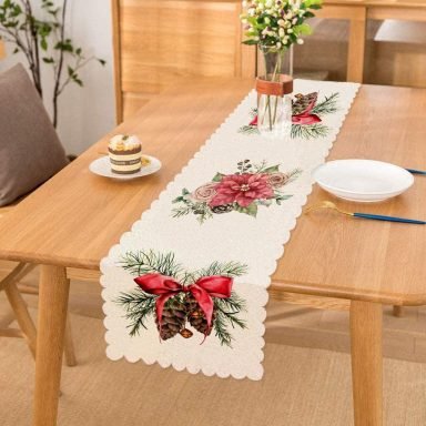 Özel Tasarım Kurdaleli Kozalak Motifli Dijital Baskılı Dekoratif Runner