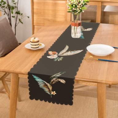 Mavi & Sarı Tüy Motifli Dijital Baskılı Dekoratif Runner