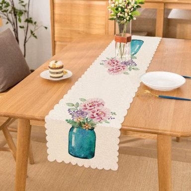 Vazo Çiçek Desenli Dijital Baskılı Runner