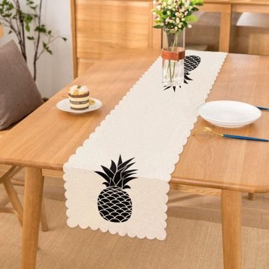 Siyah Beyaz Ananas Baskılı Dekoratif Runner