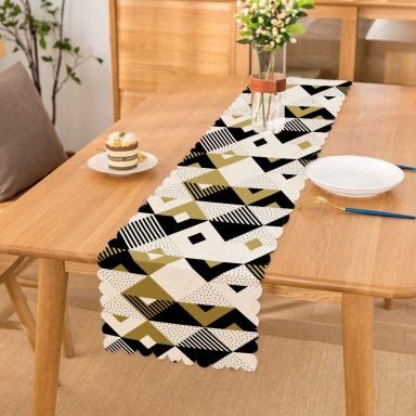 Bej Siyah Geometrik Desenli Dijital Baskılı Runner