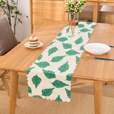 Beyaz Temalı Mint Yeşili Yaprak Motifli Dekoratif Runner