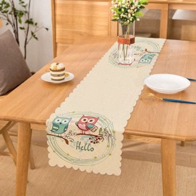 Baykuş Desenli Dijital Baskılı Dekoratif Runner