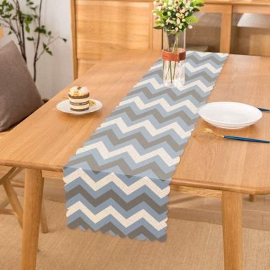 Mavi Gri Zigzag Desenli Dijital Baskılı Dekoratif Runner