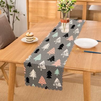 Gri Zeminli Ağaç Temalı Dijital Baskılı Dekoratif Runner