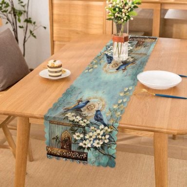 Mavi Kuş Desen Dijital Baskılı Dekoratif Runner