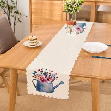 Sulu Boyalı Çiçek Desenli Dijital Baskılı Dekoratif Runner