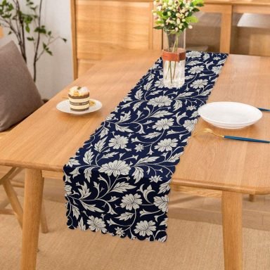 Lacivert Zeminli Çiçek Motifli Dijital Baskılı Runner