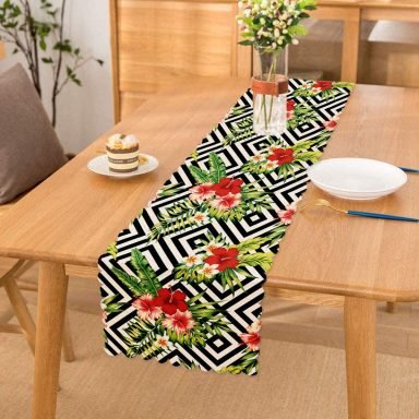 Geometrik Zeminde Çiçek Desenli Özel Tasarım Runner