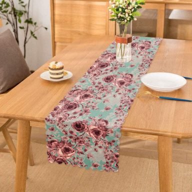 Mavi Zeminde Pembe Güller Motifli Dekoratif Runner