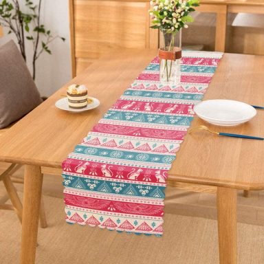 Mavi Pembe Etnik Desenli Dekoratif Runner