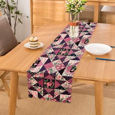 Mürdüm Renk Patchwork Desenli Dekoratif Runner