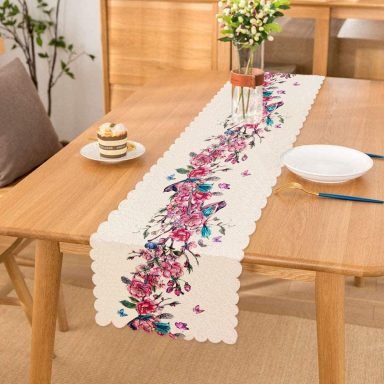 Şarmaşık Gül Desenli Kuş Motifli Dijital Baskılı Özel Tasarım Runner