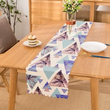 Mavi Geometrik Şekilli Palmiye Motifli Dijital Baskılı Runner