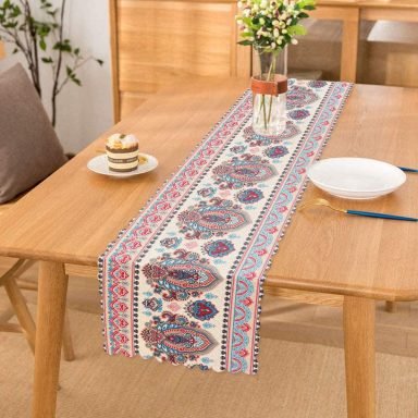 Kırmızı Mavi Çini Motifli Modern Dijital Baskılı Runner