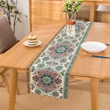 Mint Yeşili Çini Motifli Dekoratif Runner