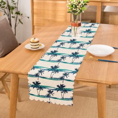 Mavi Yeşil Palmiye Çizimli Dekoratif Runner