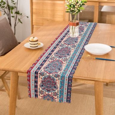 Kırmızı Mavi Çini Desenli Modern Dijital Baskılı Runner