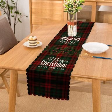 Ekose Zeminde Merry Christmas Baskılı Dekoratif Özel Tasarım Runner