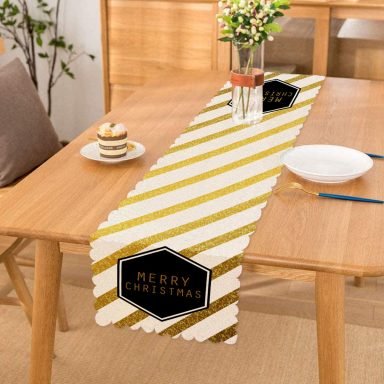 Altın Şeritli Merry Christmas Desenli Dekoratif Özel Tasarım Runner
