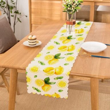 Beyaz Zeminde Limonlar Desenli Dijital Baskılı Özel Tasarım Runner