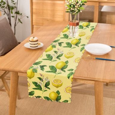 Krem Zeminli Limon Desenli Dekoratif Özel Tasarım Runner