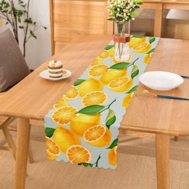 Mavi Zeminli Limon Desenli Dekoratif Runner