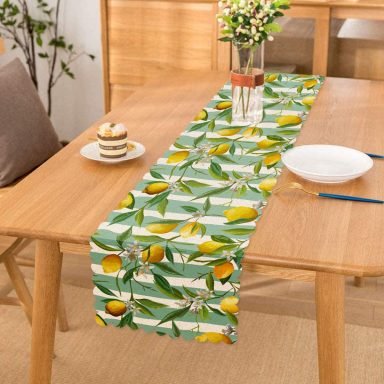 Yeşil Çizgili Limon Desenli Dijital Baskılı Dekoratif Özel Tasarım Runner