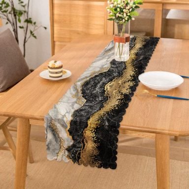Modern Siyah Beyaz Altın Mermer Motifli Dijital Baskılı Özel Tasarım Runner