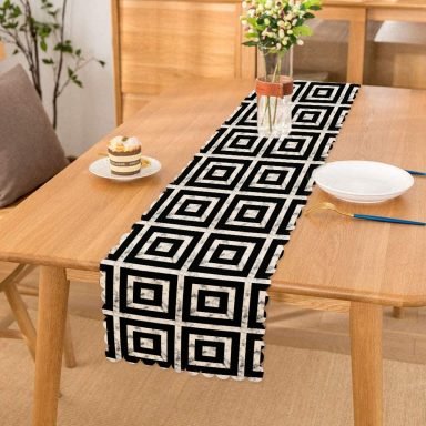 Mermer Zeminli Siyah Geometrik Desenli Modern Özel Tasarım Runner
