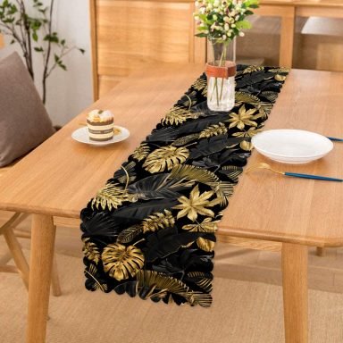 Siyah Zeminde Altın Yapraklar Desenli Dekoratif Özel Tasarım Runner
