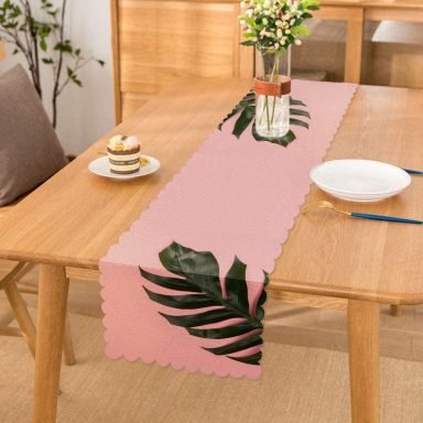 Pembe Zeminde Yaprak Modern Tasarımlı Dekoratif Runner